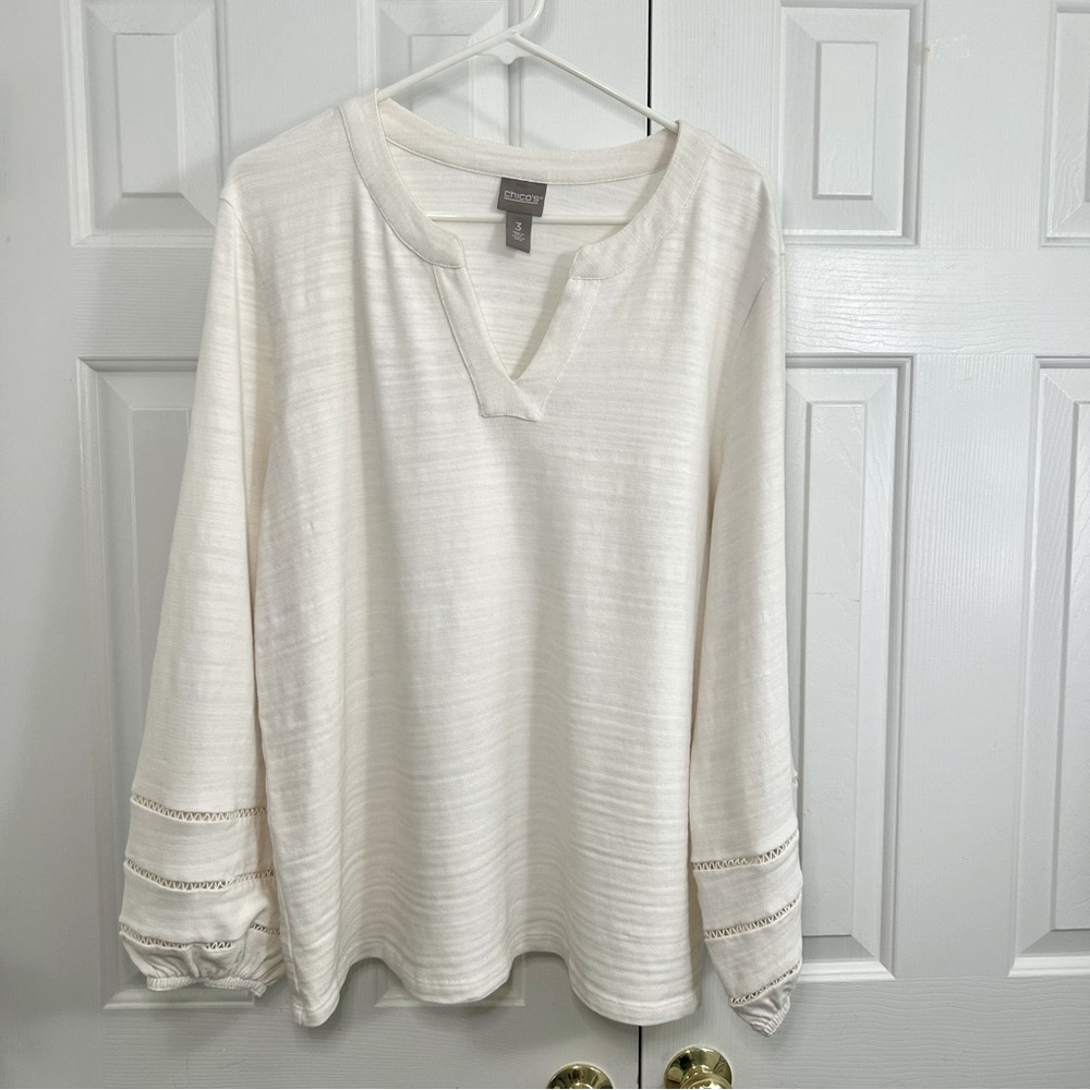 Chico's 100% Cotton V-Neck Bubble Sleeve Neutral Cream White Tunic Top Size XL